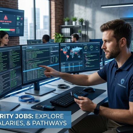 A professional analyzing server network security codes for cybersecurity jobs in a modern tech office.
