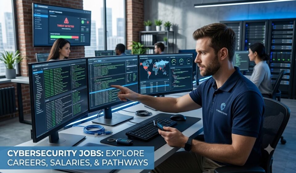 A professional analyzing server network security codes for cybersecurity jobs in a modern tech office.