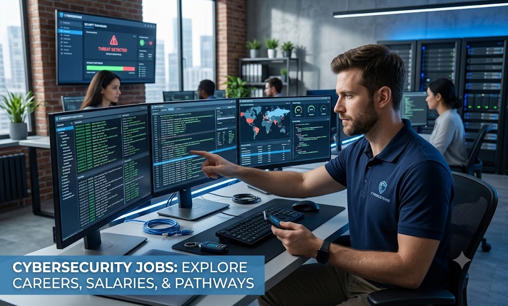 A professional analyzing server network security codes for cybersecurity jobs in a modern tech office.
